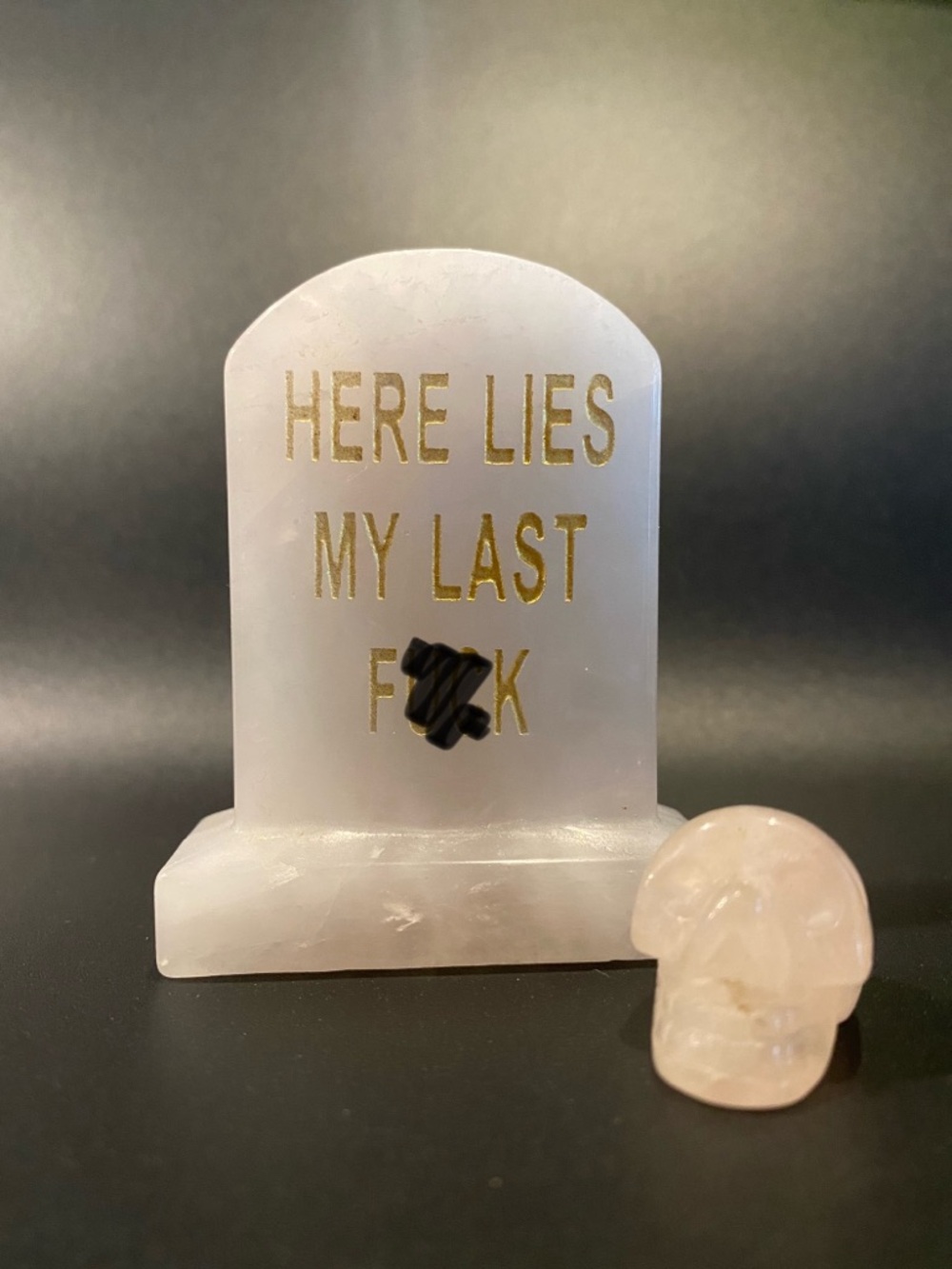 ✨💀Rose Quartz Funny Tombstone with Crystal Skull